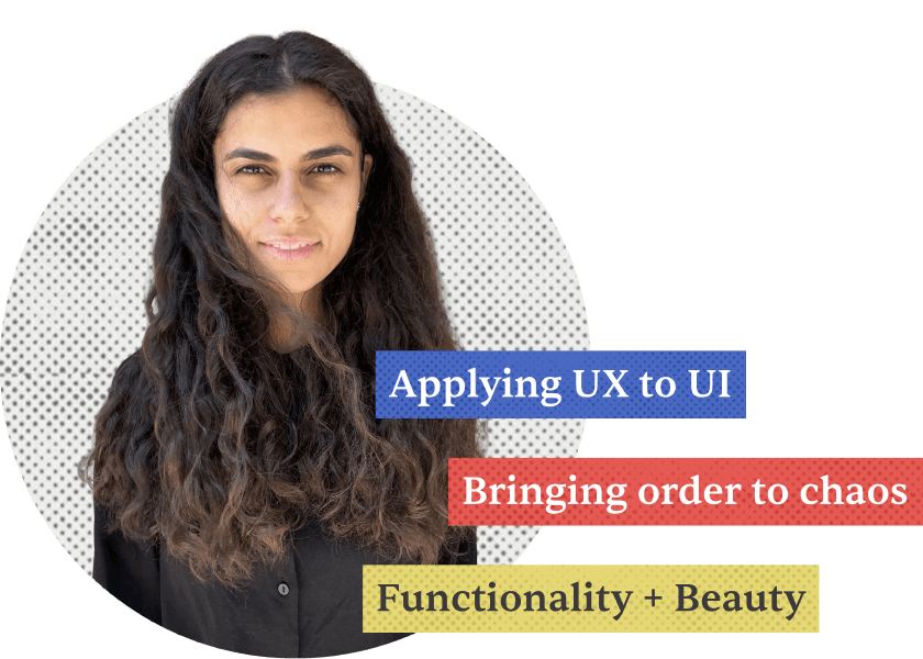 Ilaria Romeo, portrait, with labels reading Applying UX to UI, Bringing order to chaos, and Functionality + Beauty